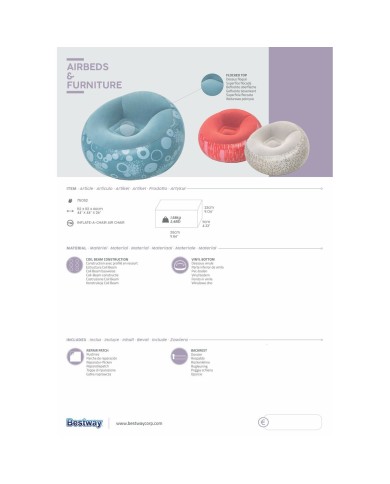Bestway Poltrona Gonfiabile Gigante Fashion Colore Assortito 112x112x66 cm Interno 75052