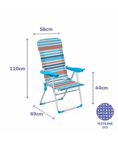 Marbueno Sedia Pieghevole 5 Posizioni Alluminio con Cuscino Strisce Arancioni e Blu 69X58X110 cm Marbueno Sedia Pieghevole 5 Posizioni Alluminio con Cuscino Strisce Arancioni e Blu 69X58X110 cm