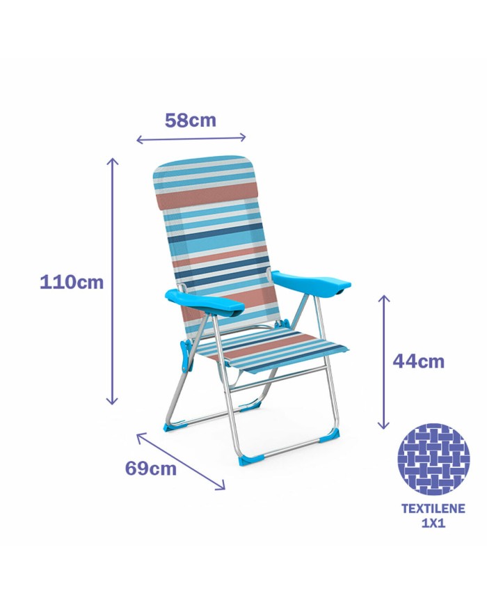 Marbueno Sedia Pieghevole 5 Posizioni Alluminio con Cuscino Strisce Arancioni e Blu 69X58X110 cm