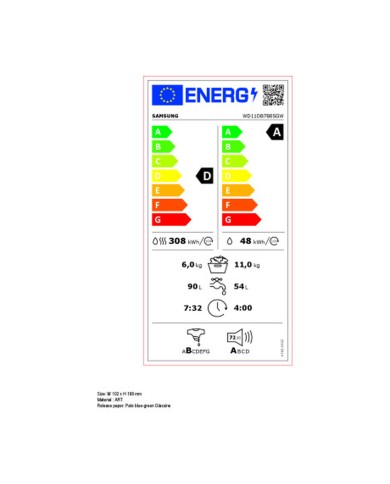 Lavatrice - Asciugatrice Samsung WD11DB7B85GWU3 1400 rpm 6 Kg 11 Kg Lavatrice - Asciugatrice Samsung WD11DB7B85GWU3 1400 rpm 6 Kg 11 Kg