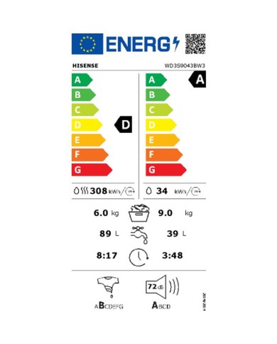 Lavatrice - Asciugatrice Hisense WD3S9043BW3 1400 rpm 9 kg Lavatrice - Asciugatrice Hisense WD3S9043BW3 1400 rpm 9 kg