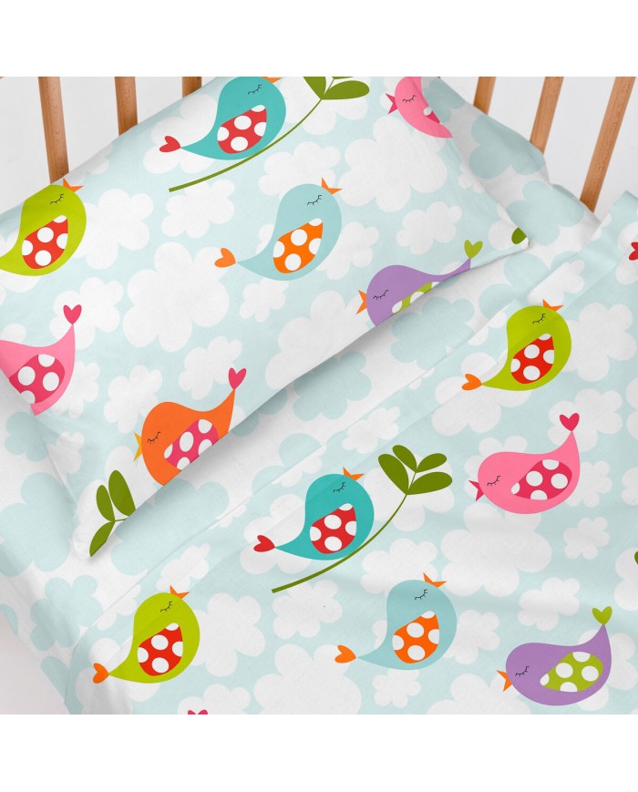 Set di Lenzuola per Culla HappyFriday Mr Fox Little Birds Multicolore Culla Neonato 2 Pezzi