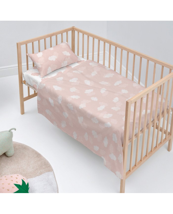 Set di Lenzuola HappyFriday Basic Kids Clouds Rosa Culla Neonato 2 Pezzi