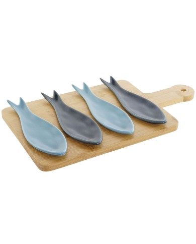 Set da Aperitivo Home ESPRIT Azzurro Verde Blu Marino Bambù Porcellana Mediterraneo Pesci 36 x 18 x 1,3 cm 5 Pezzi