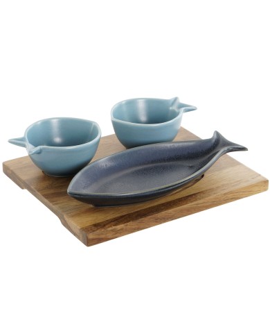 Set da Aperitivo Home ESPRIT Azzurro Blu cielo Porcellana Acacia Mediterraneo Pesci 19,5 x 16,5 x 1,3 cm 4 Pezzi
