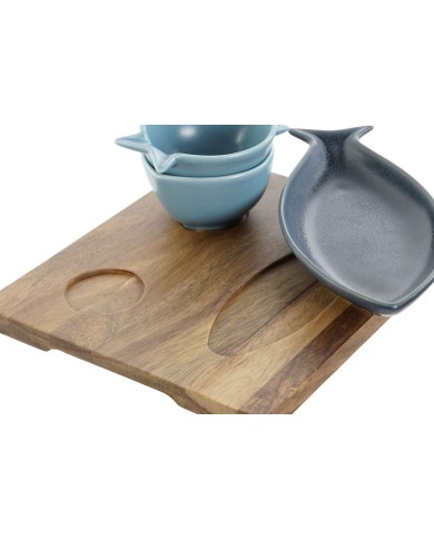 Set da Aperitivo Home ESPRIT Azzurro Blu cielo Porcellana Acacia Mediterraneo Pesci 19,5 x 16,5 x 1,3 cm 4 Pezzi