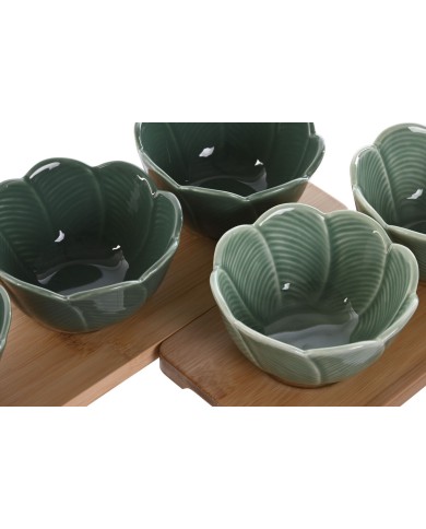 Set da Aperitivo Home ESPRIT Verde Verde scuro Bambù Porcellana Tropicale 4 Pezzi 32 x 10 x 7 cm (2 Unità)