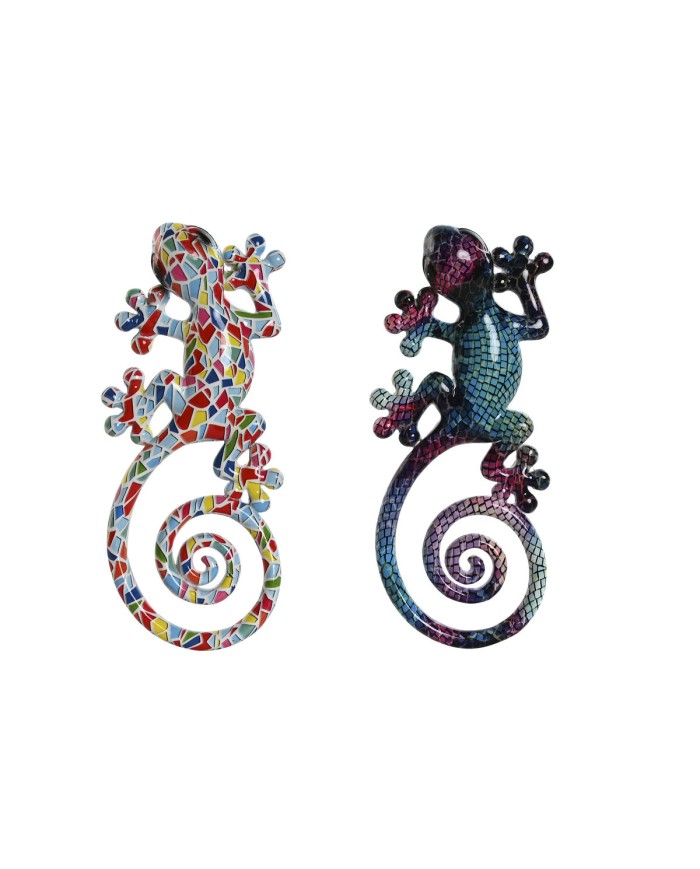 Decorazione da Parete Home ESPRIT Multicolore Mosaico Lucertola Mediterraneo 8 x 4 x 20 cm (2 Unità)