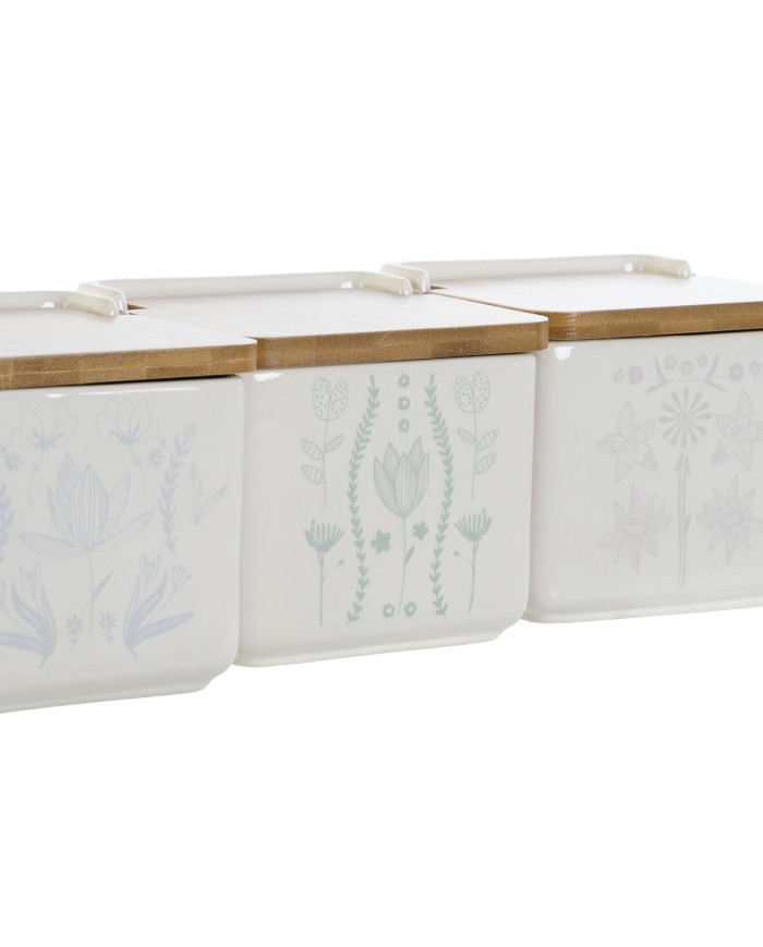 Portasale con Coperchio DKD Home Decor Azzurro Bianco Verde Lilla Bambù Scandi 750 ml 14 x 12,5 x 12 cm (3 Unità)