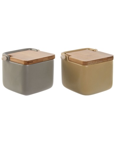 Portasale con Coperchio Home ESPRIT Beige Grigio Naturale Bambù Dolomite 15 x 12 x 11 cm (2 Unità)