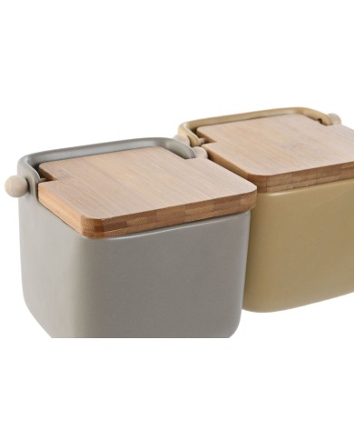Portasale con Coperchio Home ESPRIT Beige Grigio Naturale Bambù Dolomite 15 x 12 x 11 cm (2 Unità)