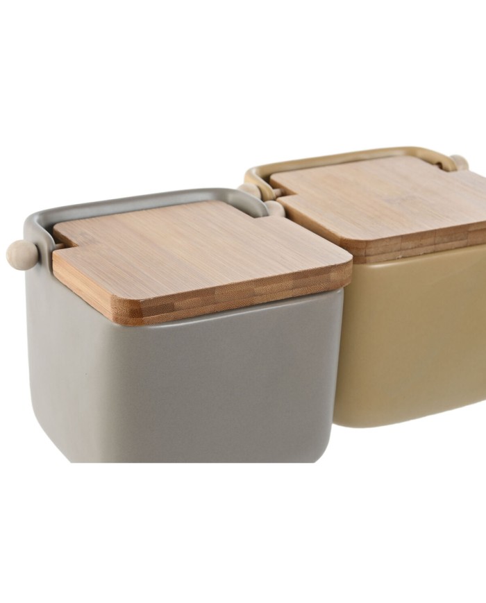 Portasale con Coperchio Home ESPRIT Beige Grigio Naturale Bambù Dolomite 15 x 12 x 11 cm (2 Unità)
