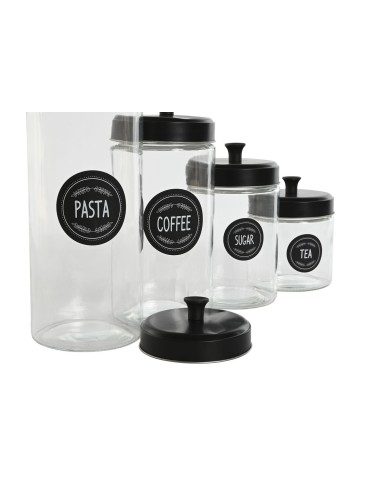 Set di 4 Barattoli Home ESPRIT Nero Metallo Cristallo 1 L 1,5 L 1,8 L 10,4 x 10,4 x 26,4 cm