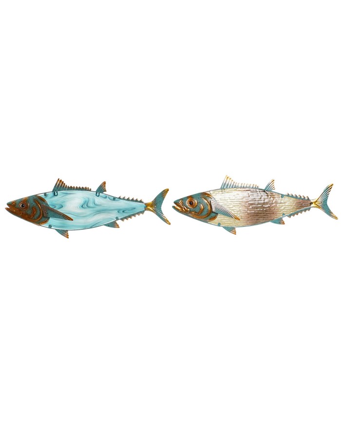 Decorazione da Parete Home ESPRIT Azzurro Multicolore Dorato Pesce Mediterraneo 70 x 4,5 x 25,5 cm (2 Unità)