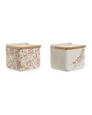 Portasale con Coperchio Home ESPRIT Azzurro Beige Rosa Lilla Bambù 750 ml 14 x 12,5 x 12 cm (2 Unità)