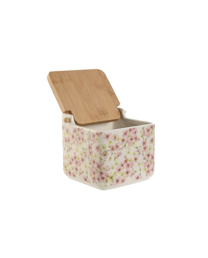 Portasale con Coperchio Home ESPRIT Bianco Rosa Lilla Bambù 750 ml 14 x 12,5 x 12 cm (2 Unità)