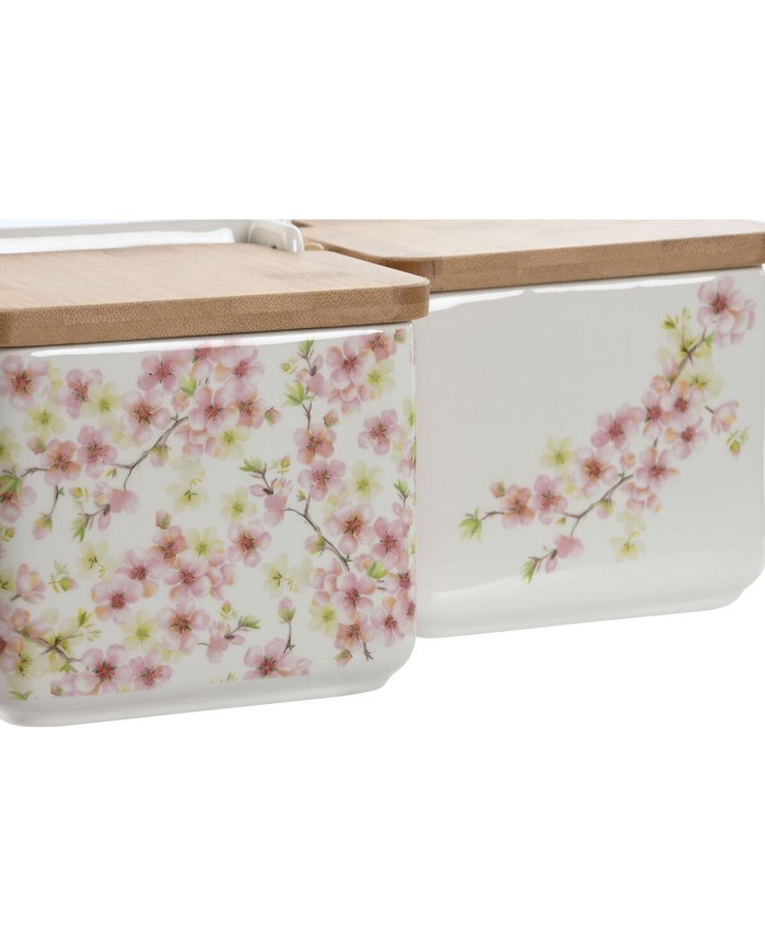 Portasale con Coperchio Home ESPRIT Bianco Rosa Lilla Bambù 750 ml 14 x 12,5 x 12 cm (2 Unità)