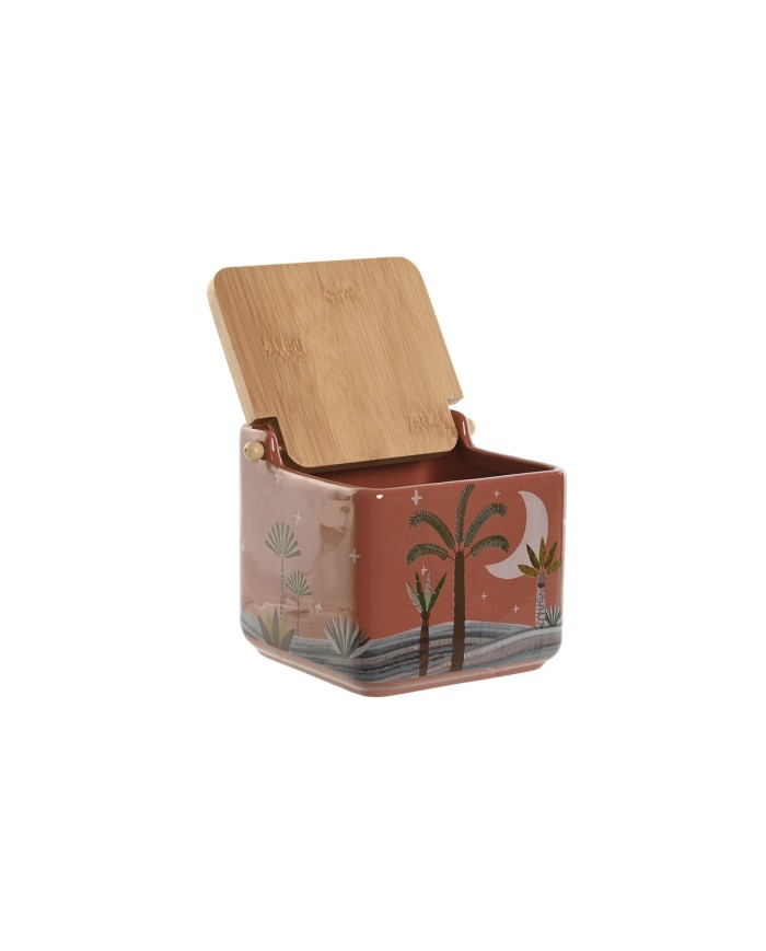 Portasale con Coperchio Home ESPRIT Beige Rosa Terracotta Lilla Bambù 750 ml 14 x 12,5 x 12 cm (2 Unità)