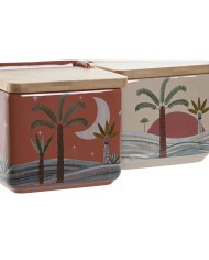 Portasale con Coperchio Home ESPRIT Beige Rosa Terracotta Lilla Bambù 750 ml 14 x 12,5 x 12 cm (2 Unità)