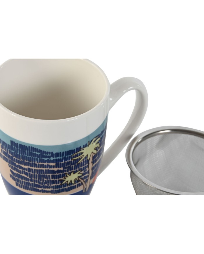 Tazza con Filtro per Infusioni Home ESPRIT Azzurro Verde Acciaio inossidabile Porcellana Tropicale 380 ml (3 Unità)
