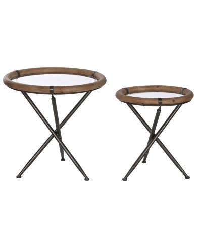 Set di 2 tavoli Home ESPRIT Nero Naturale Cristallo Abete 65 x 65 x 66 cm