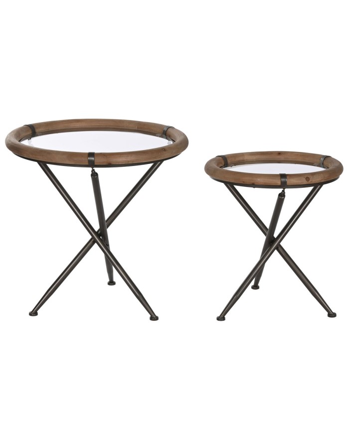 Set di 2 tavoli Home ESPRIT Nero Naturale Cristallo Abete 65 x 65 x 66 cm