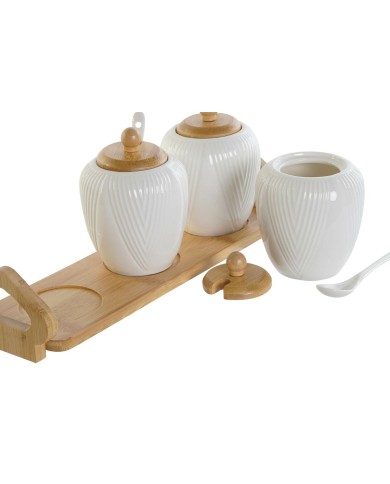 Portazucchero DKD Home Decor Bianco Naturale Bambù Porcellana 31 x 9 x 7 cm 4 Pezzi
