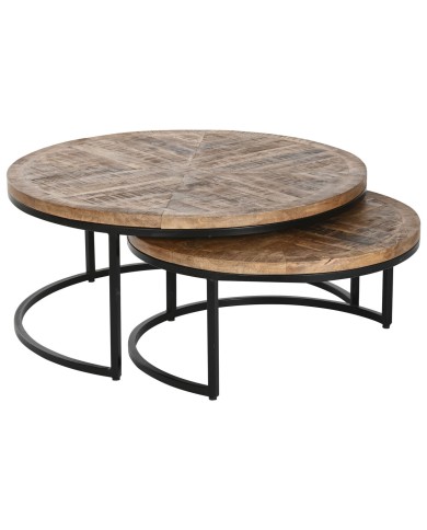 Set di 2 tavoli Home ESPRIT Marrone Nero Naturale Metallo Legno di mango 90 x 90 x 40 cm