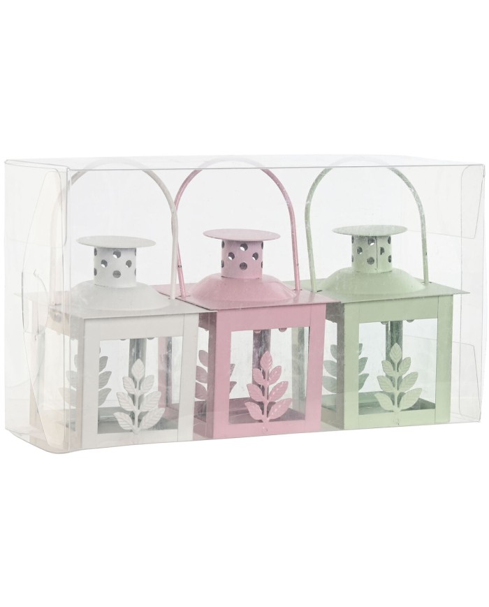 Lampioni Home ESPRIT Bianco Verde Rosa Cristallo Ferro Shabby Chic 7 x 7 x 10 cm (3 Pezzi) (4 Unità)