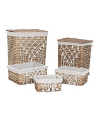 Cesto per i Panni Sporchi Home ESPRIT Bianco Marrone Nero Grigio Naturale vimini Shabby Chic 47 x 35 x 55 cm 5 Pezzi