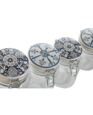 Set di 4 Barattoli Home ESPRIT Azzurro Bianco Metallo Silicone Cristallo Gres 800 ml 1 L 1,5 L 2,2 L 4 Pezzi