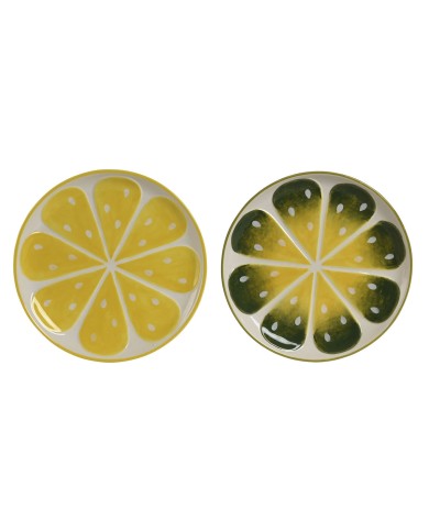 Piatto da pranzo Home ESPRIT Giallo Verde Gres Limone 22,5 x 22,5 x 2,5 cm (2 Unità)