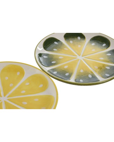 Piatto da pranzo Home ESPRIT Giallo Verde Gres Limone 22,5 x 22,5 x 2,5 cm (2 Unità)