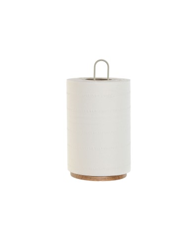 Portarotolo di Carta da Cucina Home ESPRIT Beige Grigio Naturale Metallo Legno d'albero della gomma 15 x 15 x 31 cm (2 Unità)