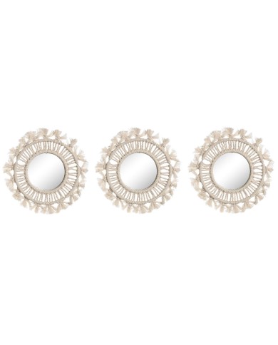 Set di Specchi Home ESPRIT Bianco Boho 20 x 1 x 20 cm (3 Pezzi)