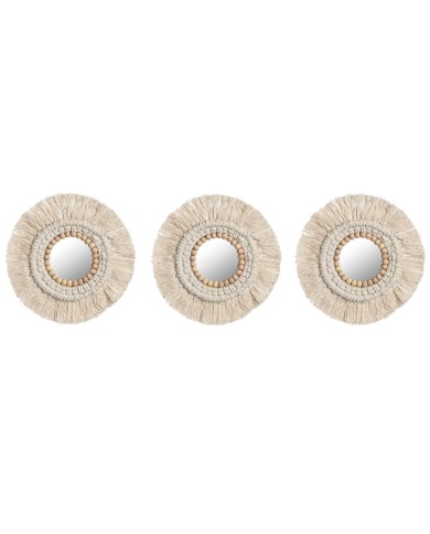 Set di Specchi Home ESPRIT Bianco Boho 20 x 1 x 20 cm (3 Pezzi)