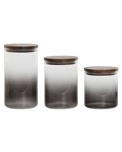 Set di 3 Barattoli Home ESPRIT Grigio Naturale Acacia Vetro Borosilicato 900 ml 1,5 L 1,2 L 3 Pezzi