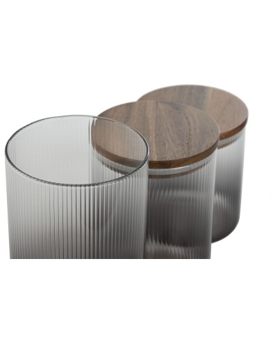 Set di 3 Barattoli Home ESPRIT Grigio Naturale Acacia Vetro Borosilicato 900 ml 1,5 L 1,2 L 3 Pezzi