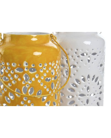 Portacandele Home ESPRIT Giallo Bianco Ferro 15 x 15 x 33 cm (2 Unità)