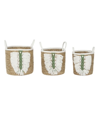 Set di Cestini Home ESPRIT Bianco Verde Naturale Fibra naturale Tropicale 39 x 39 x 47 cm (3 Pezzi)