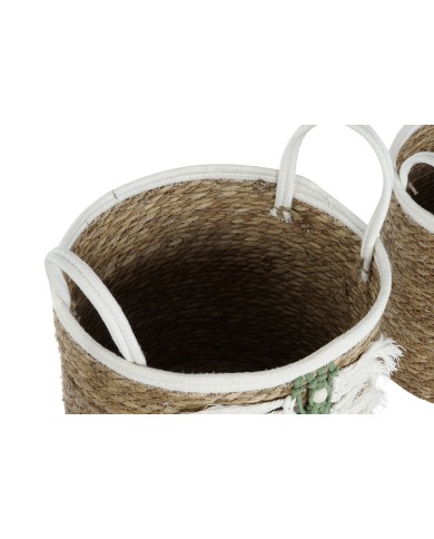 Set di Cestini Home ESPRIT Bianco Verde Naturale Fibra naturale Tropicale 39 x 39 x 47 cm (3 Pezzi)