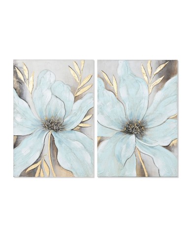 Quadro Home ESPRIT Azzurro Dorato Tela Legno MDF Fiore Shabby Chic 60 x 3 x 90 cm (2 Unità)