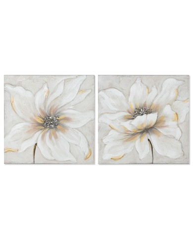 Quadro Home ESPRIT Bianco Beige Tela Legno MDF Fiore Romantico 50 x 2,5 x 50 cm (2 Unità)