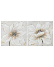 Quadro Home ESPRIT Bianco Beige Tela Legno MDF Fiore Romantico 50 x 2,5 x 50 cm (2 Unità)