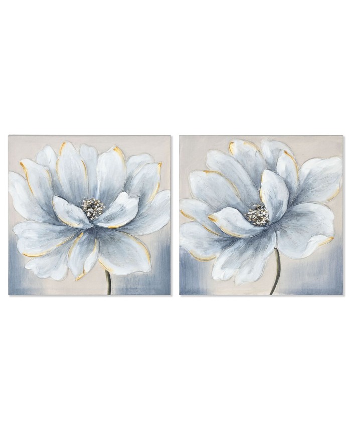 Quadro Home ESPRIT Azzurro Bianco Tela Legno MDF Fiore Tradizionale 40 x 2,5 x 40 cm (2 Unità)