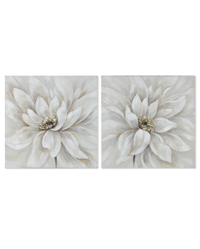 Quadro Home ESPRIT Bianco Tela Legno MDF Fiore Romantico 80 x 3 x 80 cm (2 Unità)
