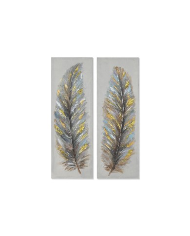 Quadro Home ESPRIT Azzurro Dorato Tela Legno MDF Piume Tradizionale 30 x 3 x 90 cm (2 Unità)