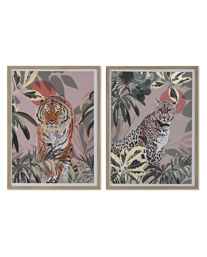 Quadro Home ESPRIT Rosso Verde Coloniale Dorato Giungla 45 x 2,5 x 60 cm (2 Unità)