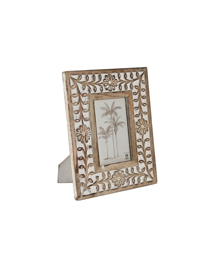 Cornice Portafoto Home ESPRIT Bianco Naturale Cristallo Legno di mango Fiore Indiano 21 x 2 x 26,5 cm