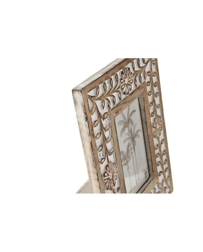 Cornice Portafoto Home ESPRIT Bianco Naturale Cristallo Legno di mango Fiore Indiano 21 x 2 x 26,5 cm